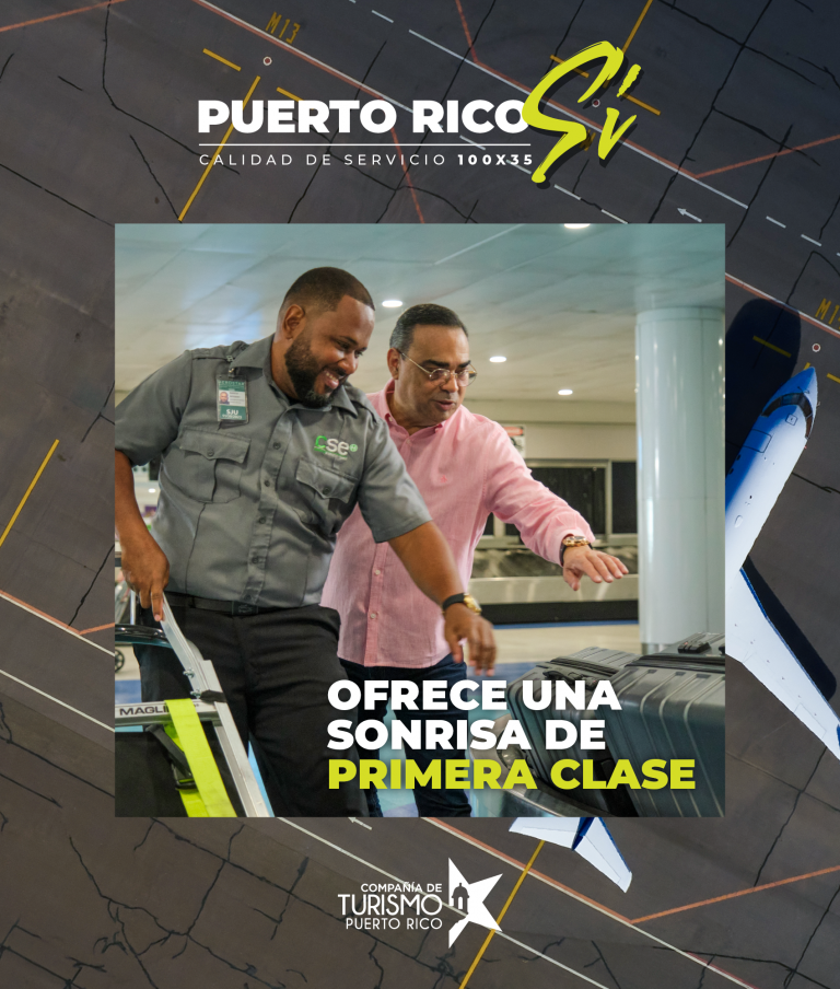 Prensa Gilbertito Santa Rosa en el Aeropuerto Luis Muñoz Marin. Logo Puerto Rico Sí: Calidad de servicio 100x35. ofrece una sonrisa de primera clase.